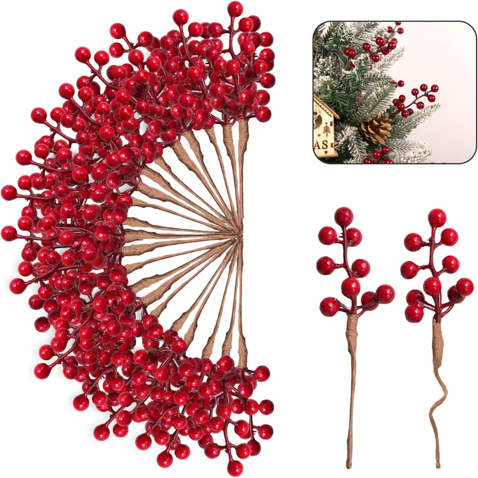 50 Pack Christmas Tree Decorations 6.5 Red Berry Stems Ornaments - RED