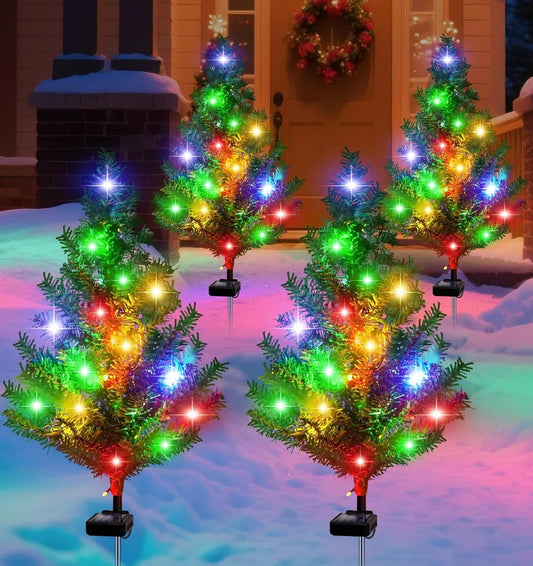 Solar Christmas Tree Outdoor Decor, Waterproof Solar Xmas Decorations Garden Stake Lights, Multi-Color LED Christmas Décor For Outside Landscape Pathway Porch Yard Holiday (4 Pcs Pink) - 4pcsChristmastrees