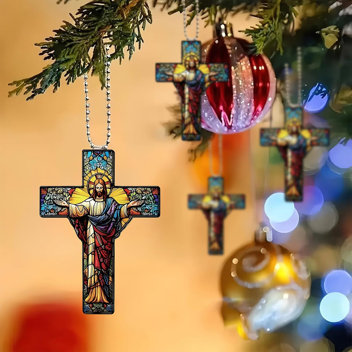 7 Pack Christian Stained Acrylic Cross Hanging Ornaments For Easter Christmas Tree Nativity Scene Church Home Holiday Religious Decorations - Multicolor