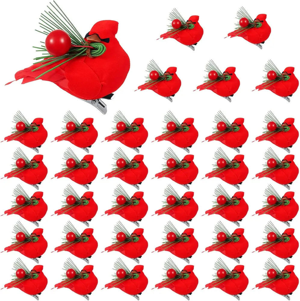 36 Pcs Red Cardinal With Clip On Christmas Tree Mini Ornament Red Feather Faux Birds Decorations Bird Craft Ornament For Christmas Tree Home Outdoor Wreath Arts Decoration(Classic Style) - PlayfulStyle