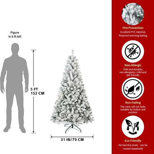 Unlit Artificial Christmas Tree Snow Flocked Fake Christmas Tree With Foldable Base - 5ft