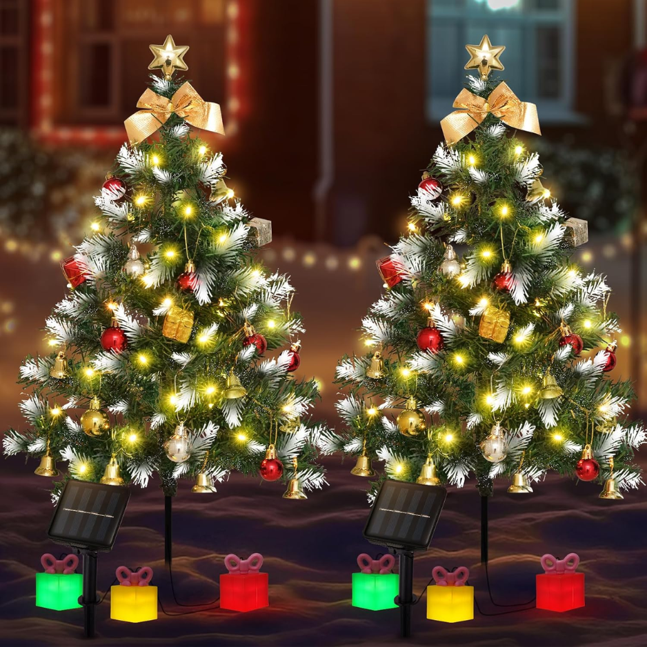 Mini Christmas Tree Solar Lights, Outdoor Decorations, 2 Pack - 2 Pack Snowy Tree