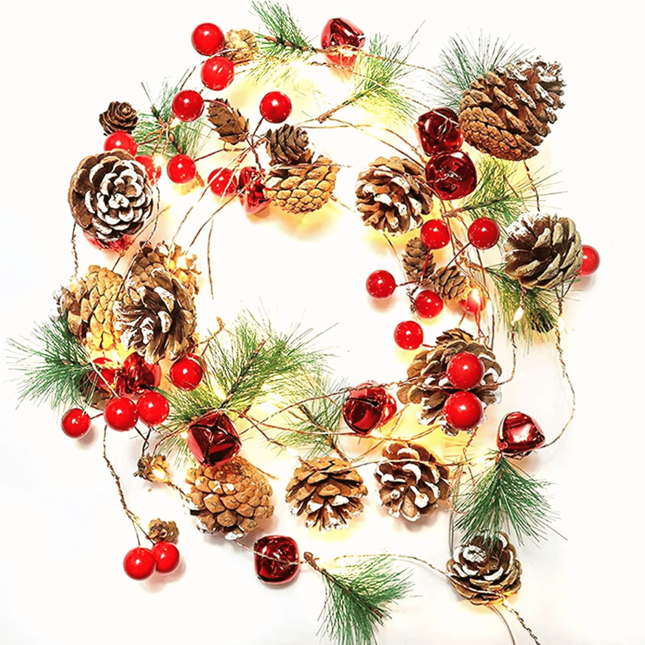 Christmas Garland With Lights, 10 Ft 30 LED Pine Cone Red Berry Decorations - MULTI