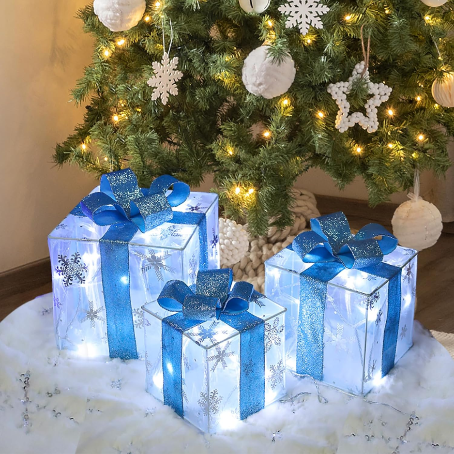 Christmas Decorations, Set Of 3 Christmas Lighted Gift Boxes 60 LED Light Up Present Boxes Ornament For Xmas Tree Skirt Indoor Outdoor Home Yard - WHITE