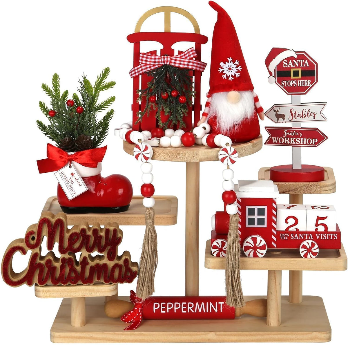 Christmas Decorations For Home & Office, 8 Piece Tiered Tray Decor Set, Festive Holiday Tabletop Ornaments For Desk, Shelf & Table - MULTI