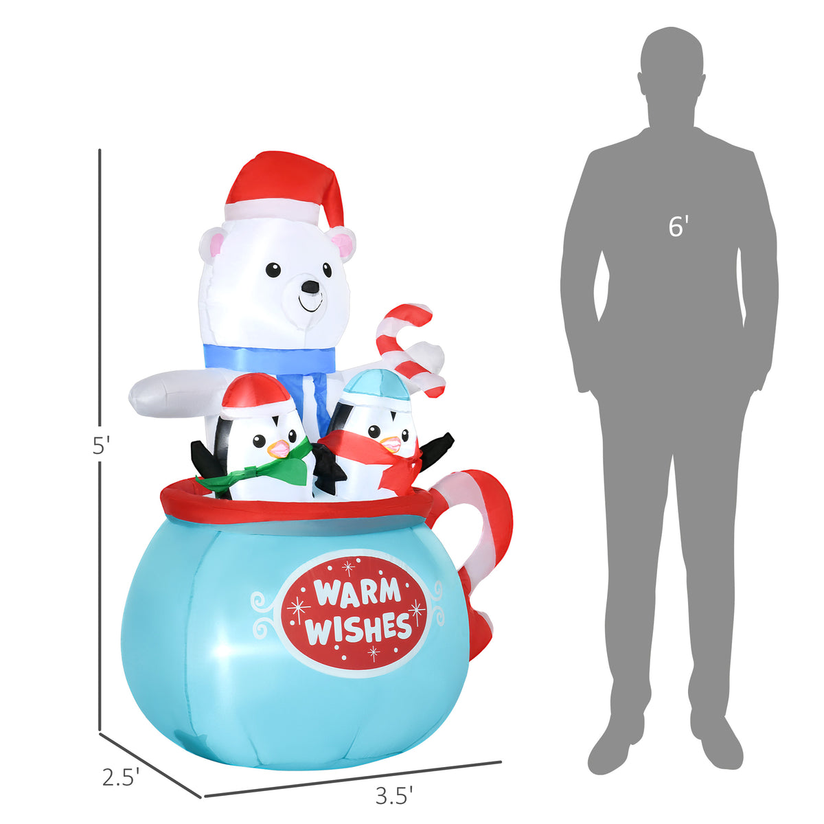 5ft Christmas Inflatables Outdoor Decorations Blessed Polar Bear And Penguins In The Cup, Blow-Up LED Yard Christmas Decor For Garden, Lawn, Party, Holiday - Blue