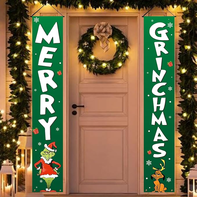 Christmas Outdoor Yard Sign Set, Cute Funny Thief Front Porch Decorations For Door, Lawn, Garden, Garage And Holiday Party Decor - Green White