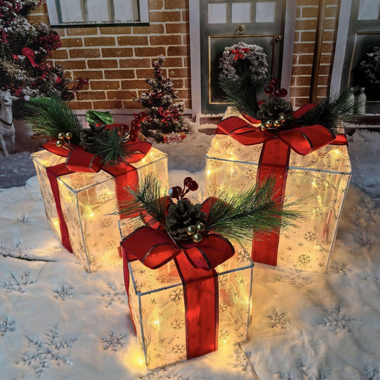 Christmas Decorations Indoor, Set Of 3 Christmas Lighted Gift Boxes 60 LED Light Up Xmas Present Ornament For Tree Indoor Outdoor Yard Holiday Door - Red