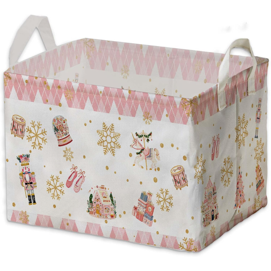 Christmas Nutcracker Storage Baskets, Empty Christmas Gift Baskets, Pastel Nutcracker Home Decorations, Large Square Waterproof Laundry Hamper Coating - PINK