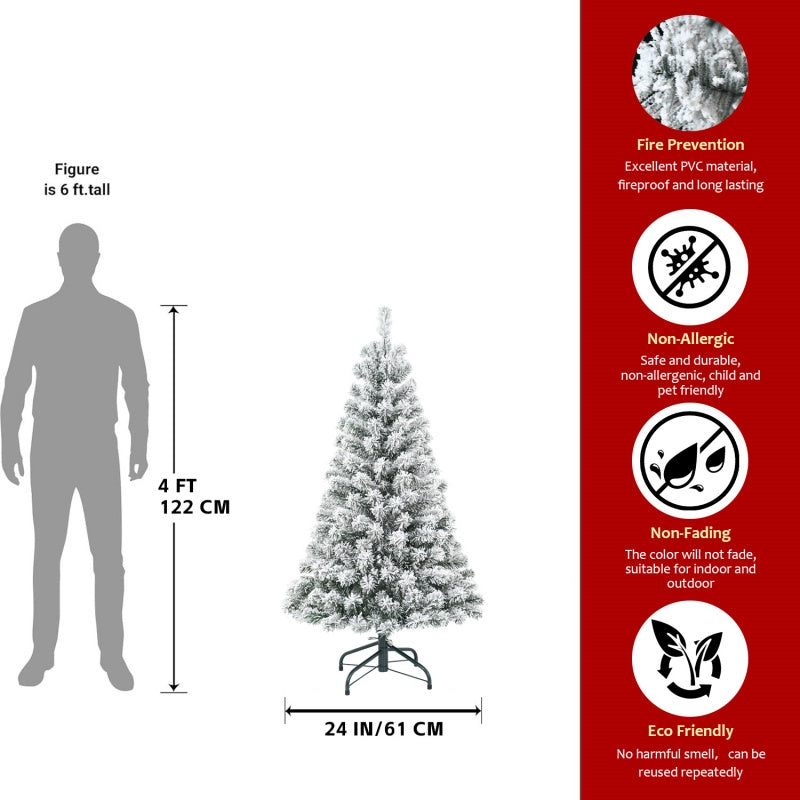 Unlit Artificial Christmas Tree Snow Flocked Fake Christmas Tree With Foldable Base - 4ft