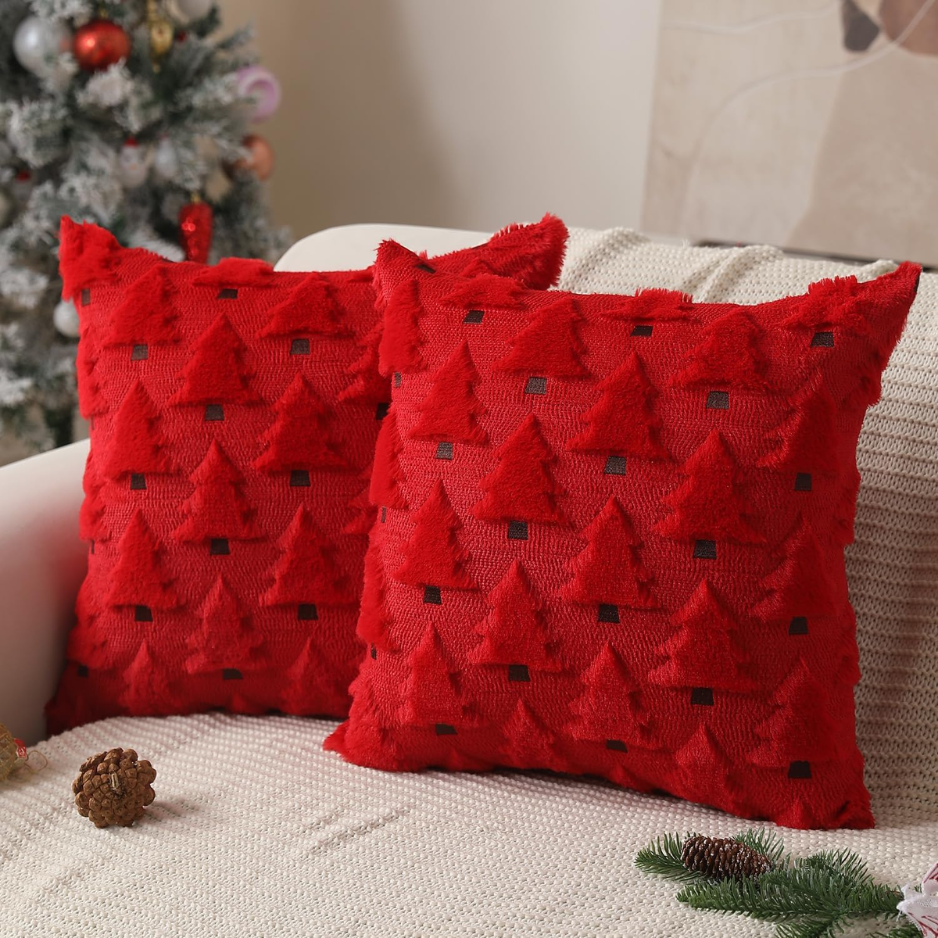 Christmas Pillow Covers 18x18 Inch Set Of 2 Christmas Decorations Soft Plush Faux Fur Wool Red Christmas Tree Throw Pillow Cases Winter Holiday Decor For Sofa - RED