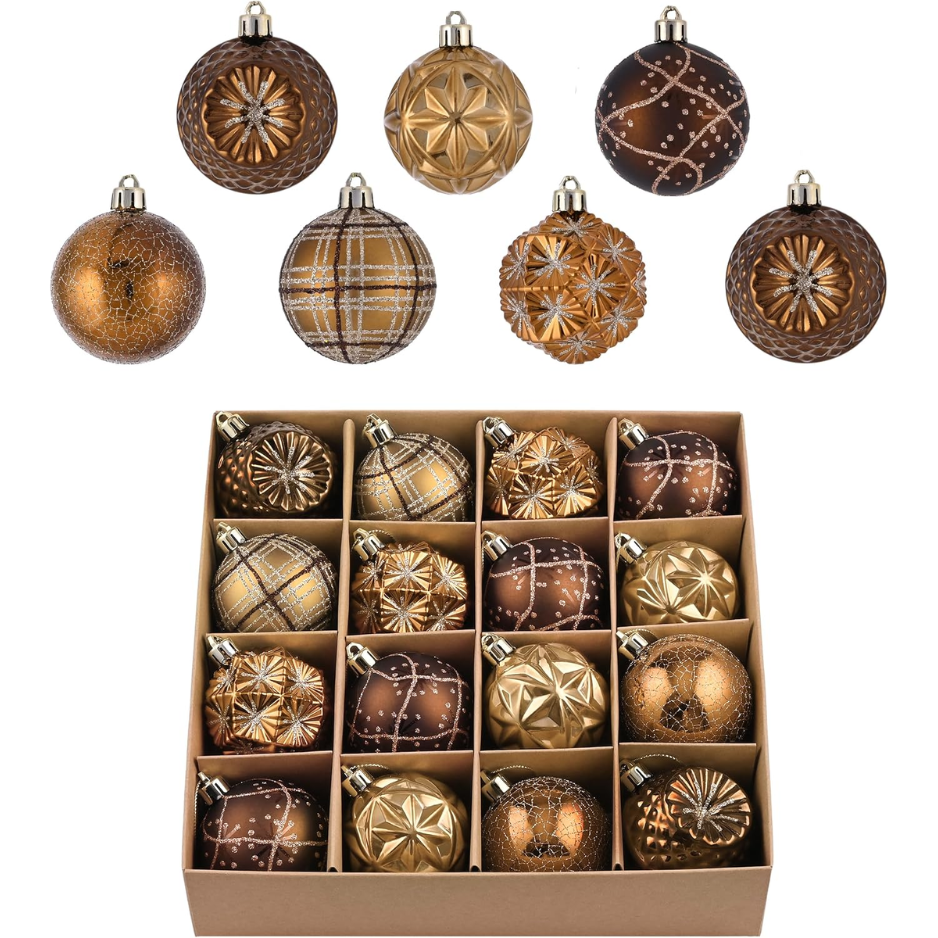 Fall Ornaments For Christmas Trees, 16ct Bronze Copper Brown Gold Shatterproof Fall Christmas Tree Decorations, 2.36 Inches Luxury Hanging - Copper Gold