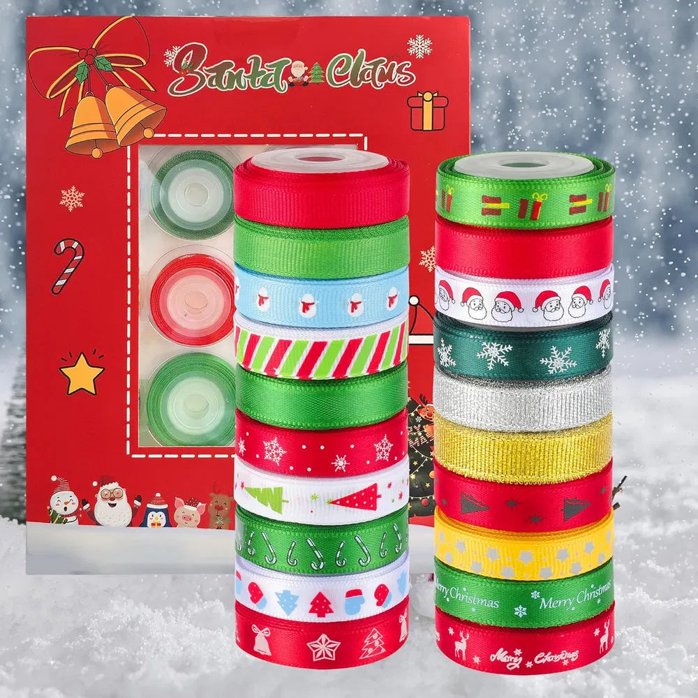 20 Rolls 100 Yards Christmas Ribbon For Gift Wrapping, 3/8 Inch Printed Christmas Grosgrain Ribbon, Christmas Ribbon For Gift Wrapping Crafts DIY Holiday Xmas Decorations - ChristmasRibbon