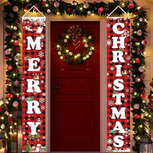 MERRY CHRISTMAS Hanging Banner Porch Sign Christmas Stree Snow Pattern Backdrop For Home Yard Indoor Outdoor Wall Door Party Decorations - RED