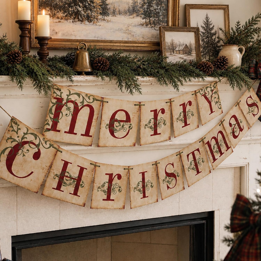 Christmas Decorations - Vintage Merry Christmas Banner For Home Decor - Multicolor