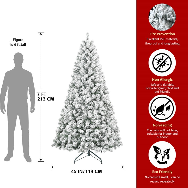 Unlit Artificial Christmas Tree Snow Flocked Fake Christmas Tree With Foldable Base - 7ft