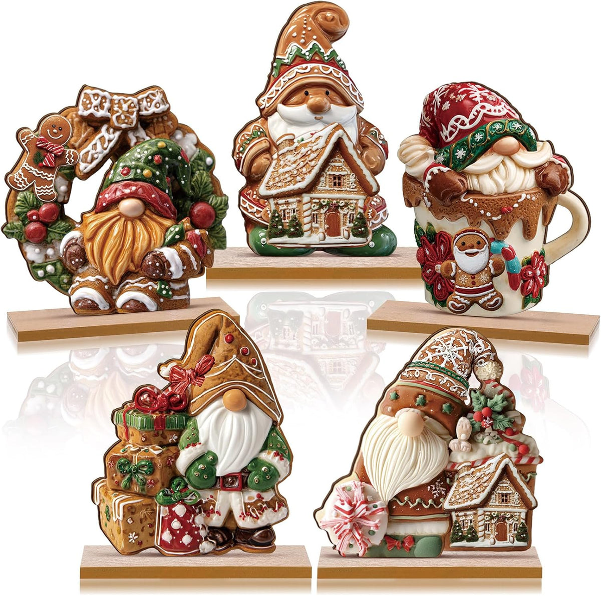 5 Pack Gingerbread Christmas Table Decorations, Wooden Gnome Centerpieces, Gingerbread Village Decor With Base For Home & Tray - MULTI