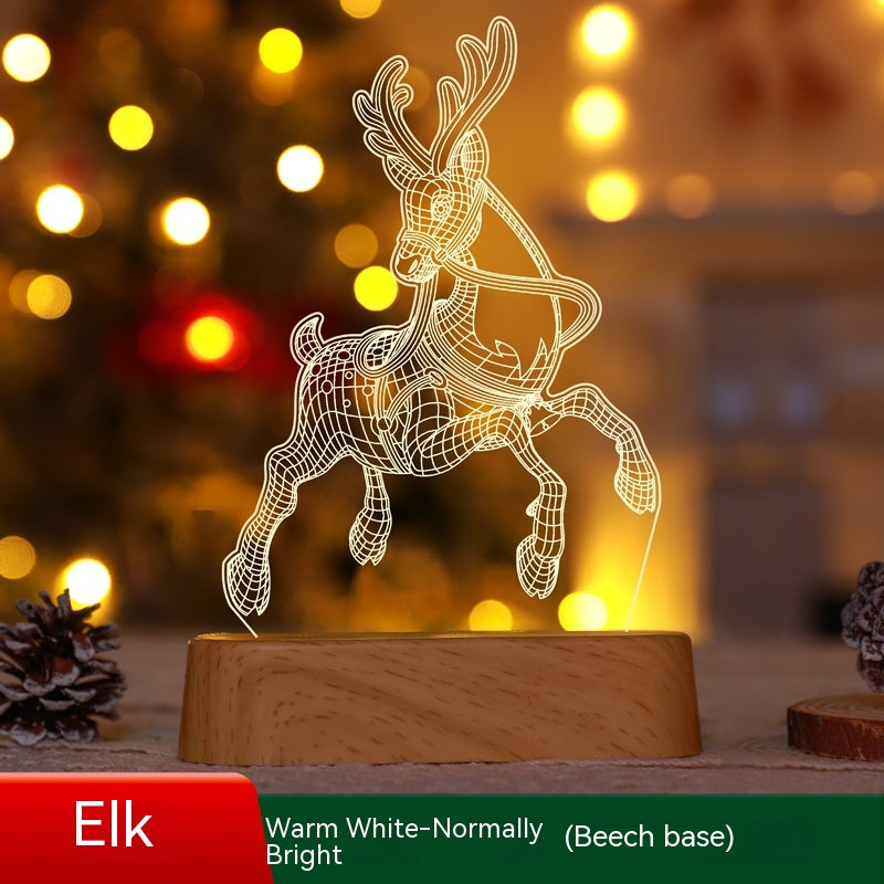 Christmas Decoration 3D Lamp Acrylic LED Night Lights New Year Valentines Day Christmas Kids Gift Christmas Ornaments - Elk Wood Grain Bottom/Warm White