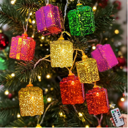 Christmas Decorations String Lights Battery Operated, 6.7ft 10 LED Colored Gift Boxes Christmas Lights With Timer, Xmas Light Indoor For Tree Indoor Outdoor - Multicolored