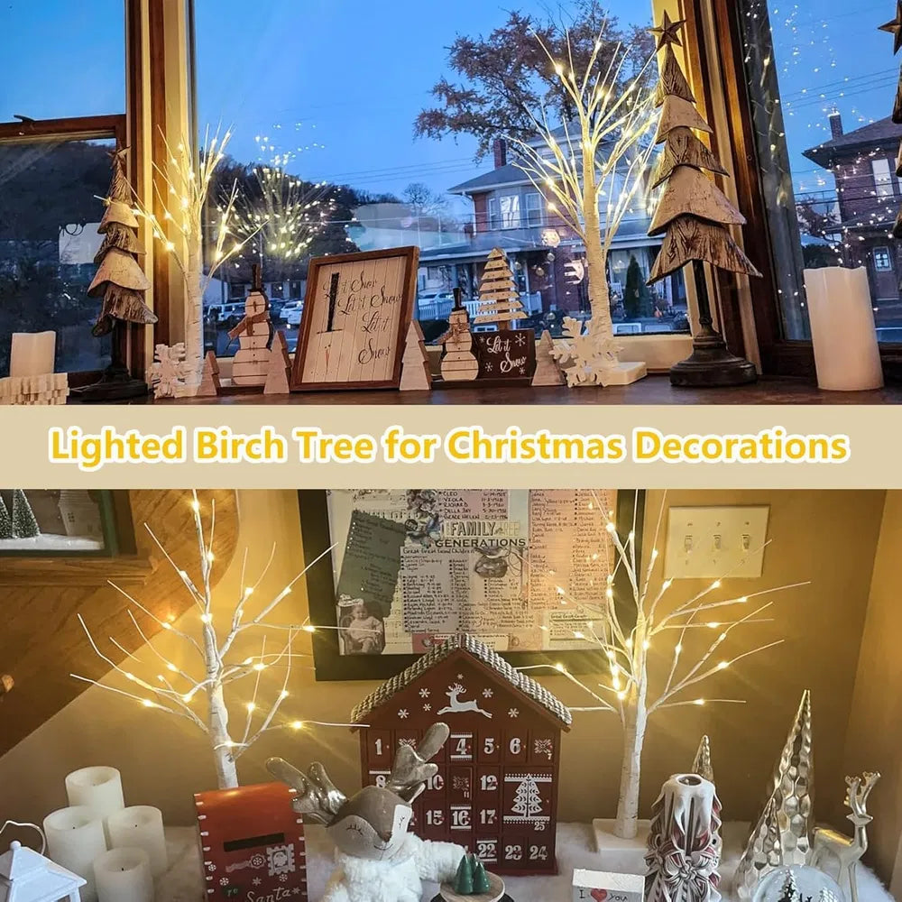 2-Pack 2FT Lighted Birch Tree with Timer for Christmas Decorations Indoor, Artificial Birch Tree with 48 LED Warm White Lights, Fairy Light Tabletop Centerpiece Tree for Christmas Winter Deocrations - 2 Pack