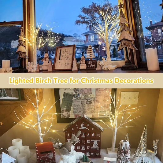 2-Pack 2FT Lighted Birch Tree with Timer for Christmas Decorations Indoor, Artificial Birch Tree with 48 LED Warm White Lights, Fairy Light Tabletop Centerpiece Tree for Christmas Winter Deocrations - 2 Pack