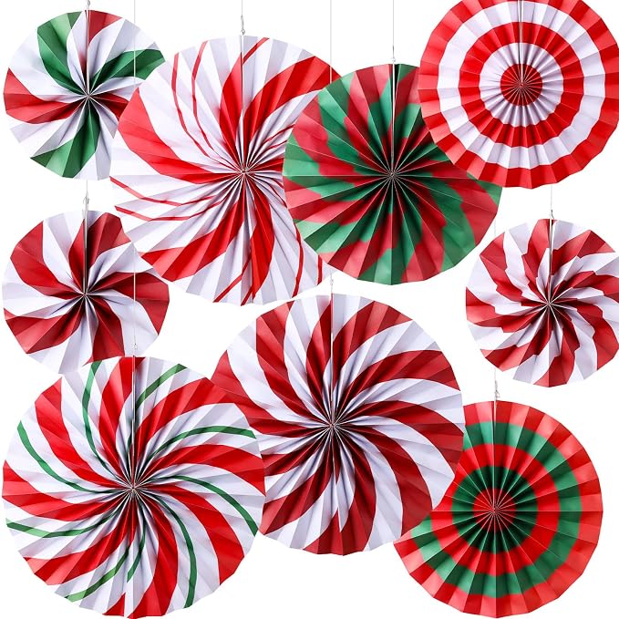 9 Pcs Christmas Hanging Decorations, Candy And Peppermint Paper Fans For Holiday Party, Tree, Wall, Ceiling And Home Decor - Red Green White