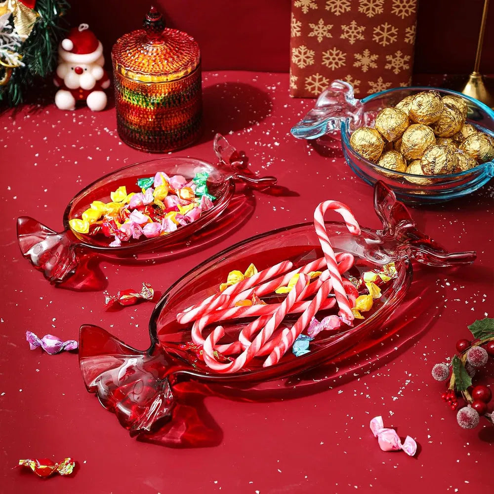 Christmas Candy Glass Plate, Christmas Theme Serving Tray for Holiday Desserts, Cookies & Candy Display, Festive Party Bowl, Red XMAS Decorations Small 9.2x4.3 Inch - Large/red