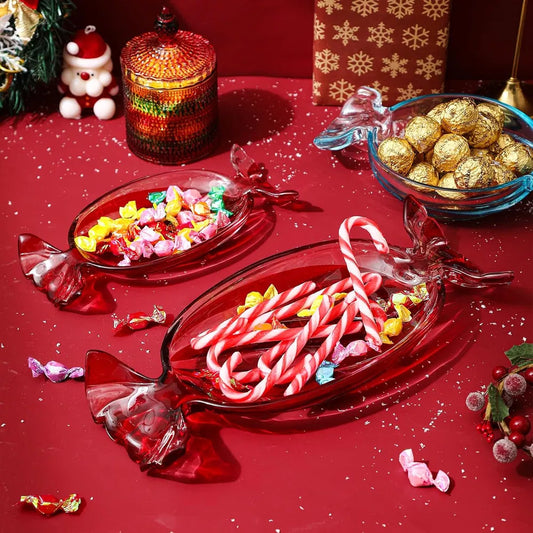 Christmas Candy Glass Plate, Christmas Theme Serving Tray for Holiday Desserts, Cookies & Candy Display, Festive Party Bowl, Red XMAS Decorations Small 9.2x4.3 Inch - Large/red