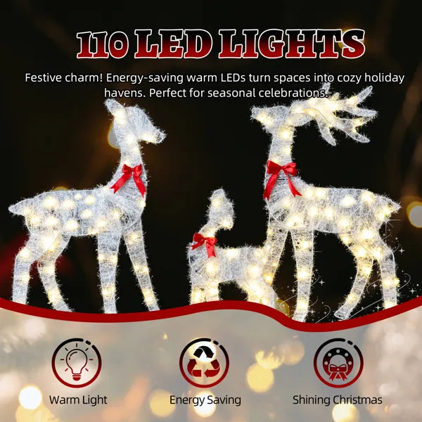3-Piece Lighted Tinsel Christmas Reindeer Family Set Outdoor Decorations, Weather Proof Deer Family Set of 3 Christmas Ornament Home Decor Pre-lit 110 LED Warm White Lights, 2.4FT, White - default title