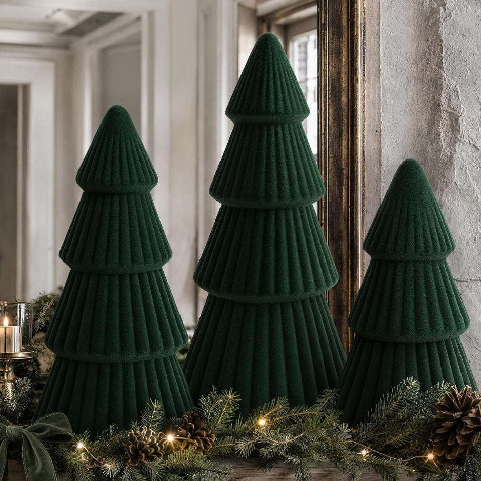 Christmas Decorations Set Of 3 Velvet Ceramic Christmas Trees Green - GREEN