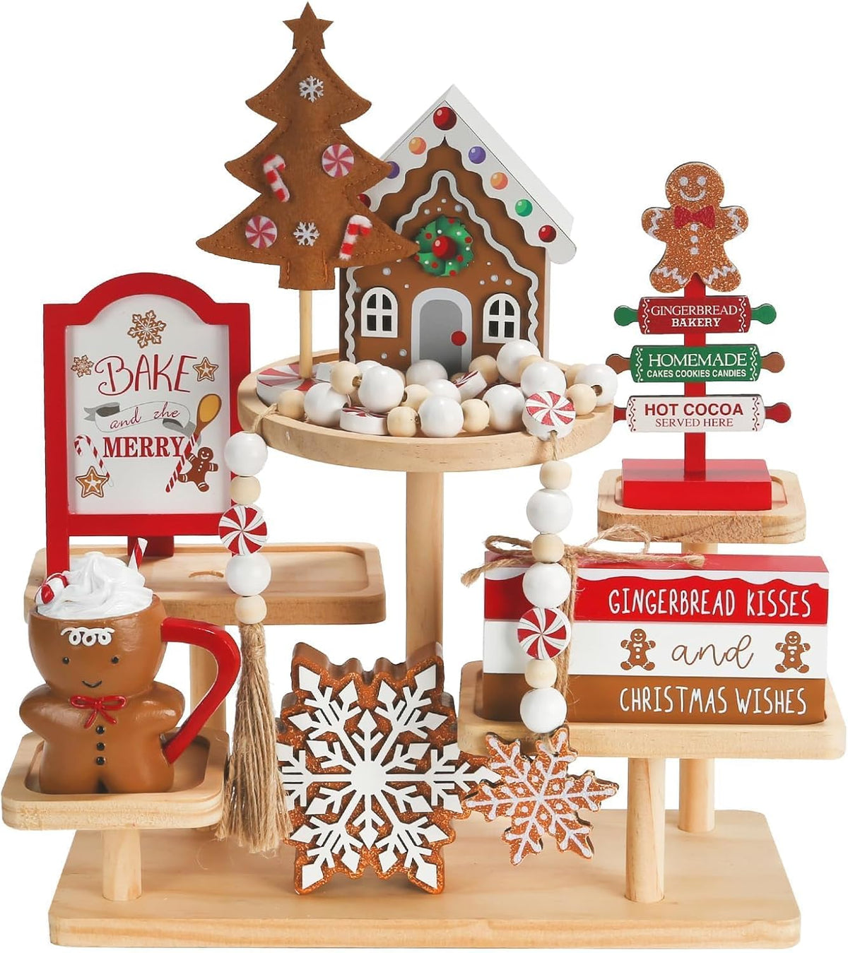 Gingerbread Christmas Decorations, 8 Piece Tiered Tray Decor Set, Festive Holiday Tabletop Ornaments For Kitchen, Home & Party - MULTI
