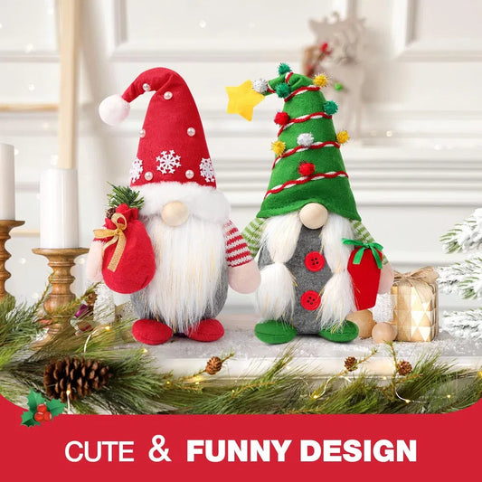 Set Of 2 Christmas Gnome Plush Decorations, Xmas Farmhouse Tiered Tray Tree Christmas Decor Doll Collectible Figurines - Home Tabletop Elf Ornaments (2, Red+Green) - RedGreen