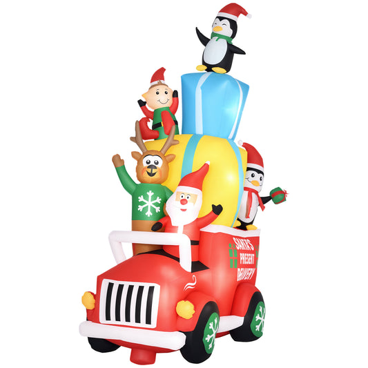 9ft Christmas Inflatables Outdoor Decorations Santa Claus Drives a Gift Car with Elk, Elf and Two Penguins, Blow-Up LED Yard Christmas Decor for Garden, Lawn - Red/270x160x350 mm