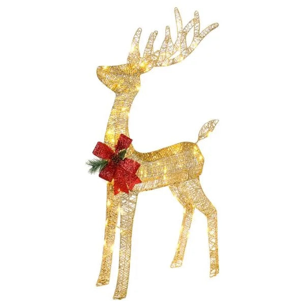 Lighted Christmas Reindeer Outdoor Decorations, Weather Proof 4ft Santa's Sleigh Reindeer Christmas Ornament Indoor Home Decor Pre-lit 90 LED Lights With Stakes, Zip Ties Secured - As picture