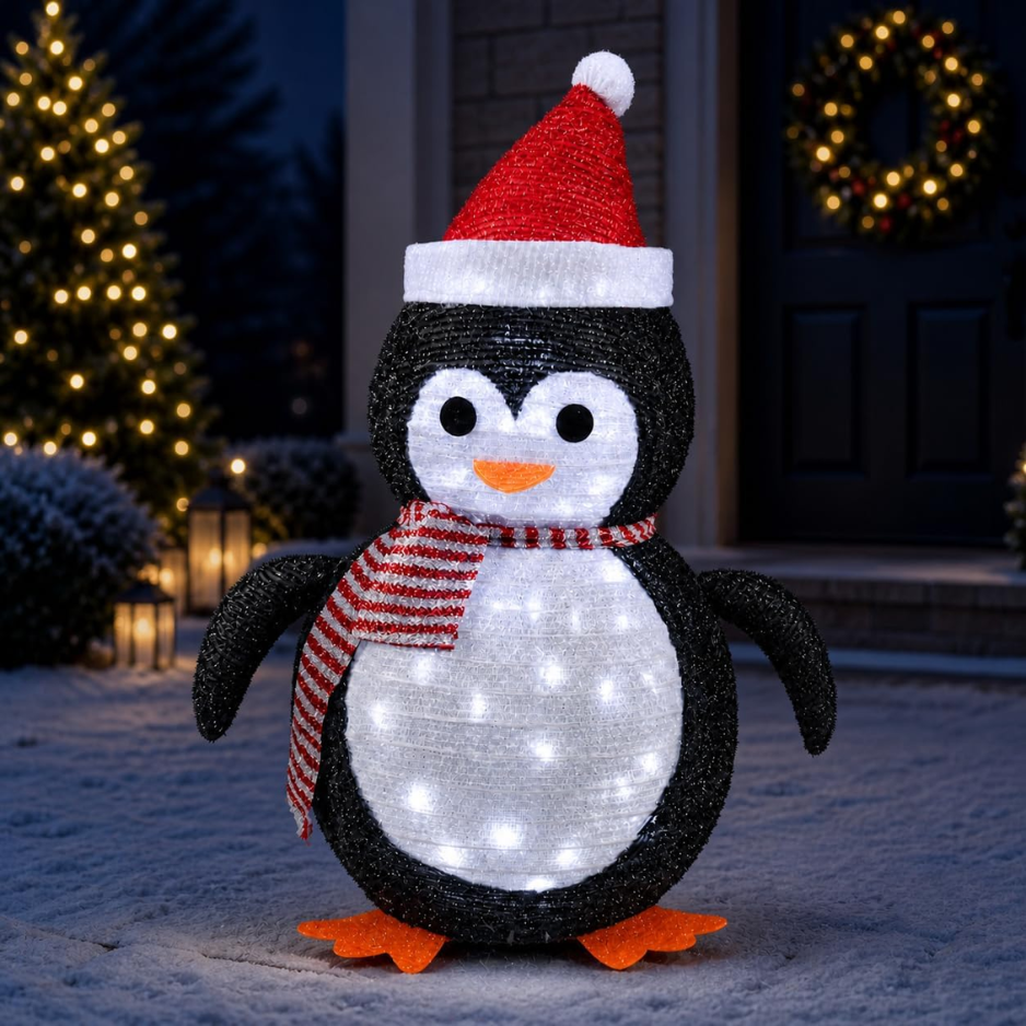 27.5 Inch Lighted Christmas Penguin For Outdoor Christmas Decorations, Pop-Up Penguin Yard Decor With 45 Cool White LEDs - Cool White