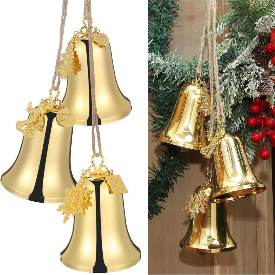 1 Set Large Christmas Bell Ornament Set, Gold Metal Hanging Bells With Rope, Xmas Tree Decorations For Indoor & Outdoor - GOLD