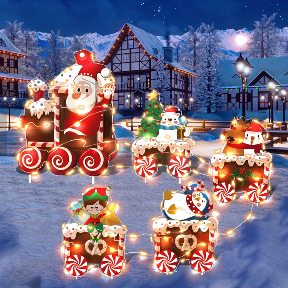 Christmas Train Decorations With LED String Lights, Yard Signs With Stakes Cute Holiday Train Set With Lights For Christmas Yards, Gardens, Porches - Red
