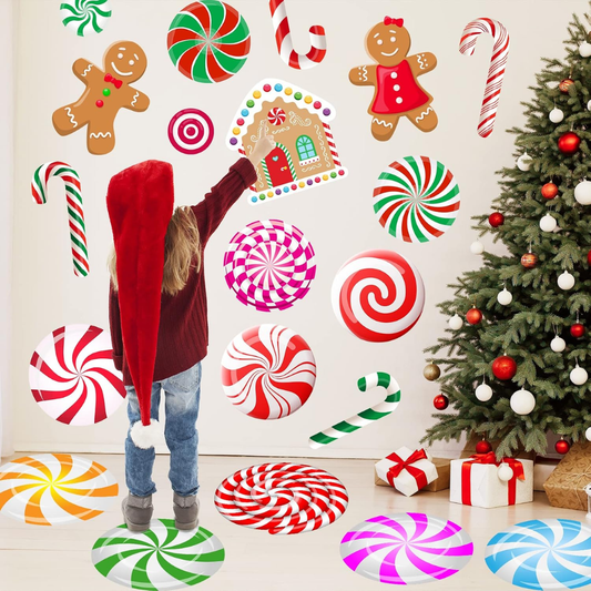 Christmas Decorations Wall Stickers Door Floor Decor Peppermint Candy Cane Candyland Christmas Wall Stickers Gingerbread Decorations - MULTICOLOR