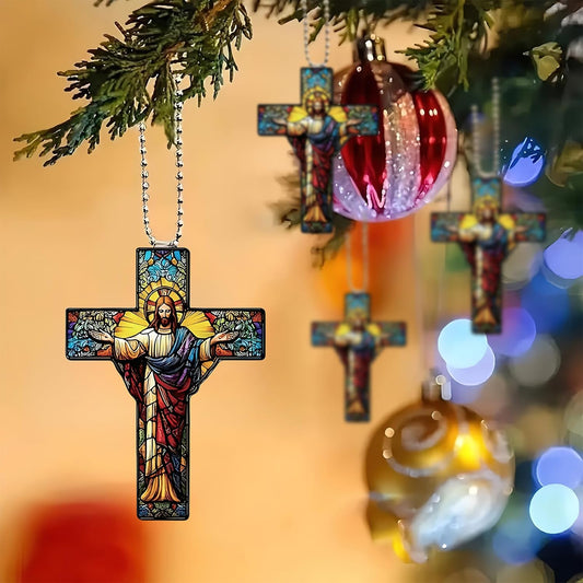 7 Pack Christian Stained Acrylic Cross Hanging Ornaments For Easter Christmas Tree Nativity Scene Church Home Holiday Religious Decorations - Multicolor