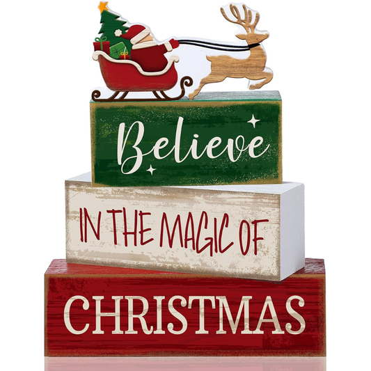 4 Pcs Christmas Table Decorations Wooden Stacked Block Santa - MULTICOLOR
