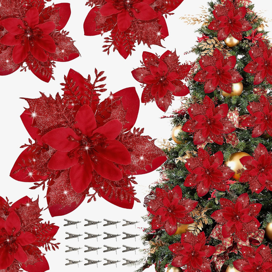 16 PCS Poinsettia Flower Artificial Poinsettias With Clips Christmas Decor Glitter Poinsettia Christmas Ornaments Xmas Tree Flower Decorations - RED