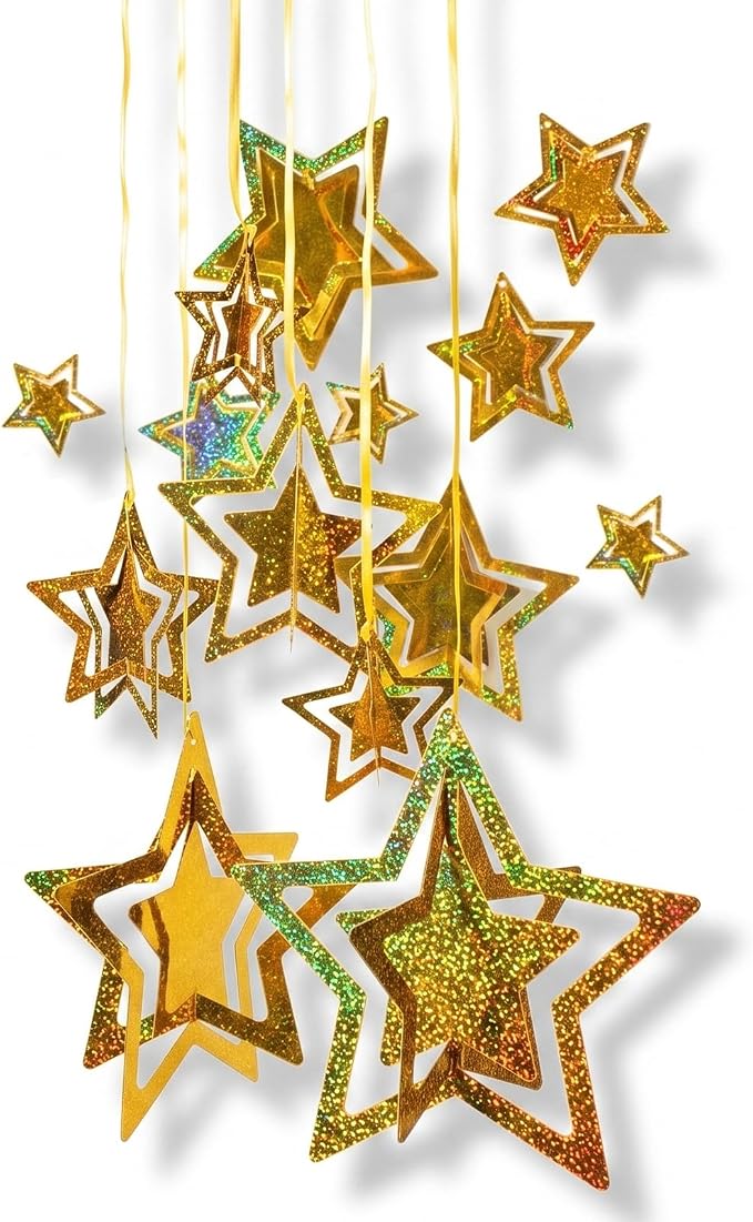 45-Piece 3D Gold Sequined Star Decorations For Christmas, Holiday Parties And Festive Home Decor - Gold