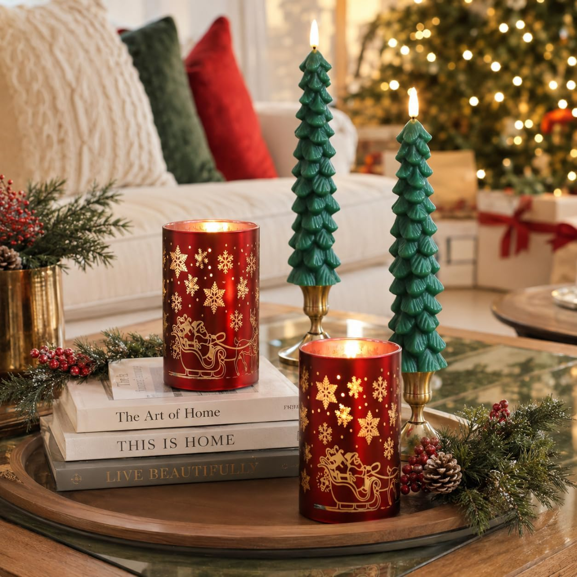 Christmas Flameless Candles With Remote, Green Christmas Tree Flickering Battery Operated Window Candlesticks, Red Glass Xmas New Year Decorations - MULTICOLOR