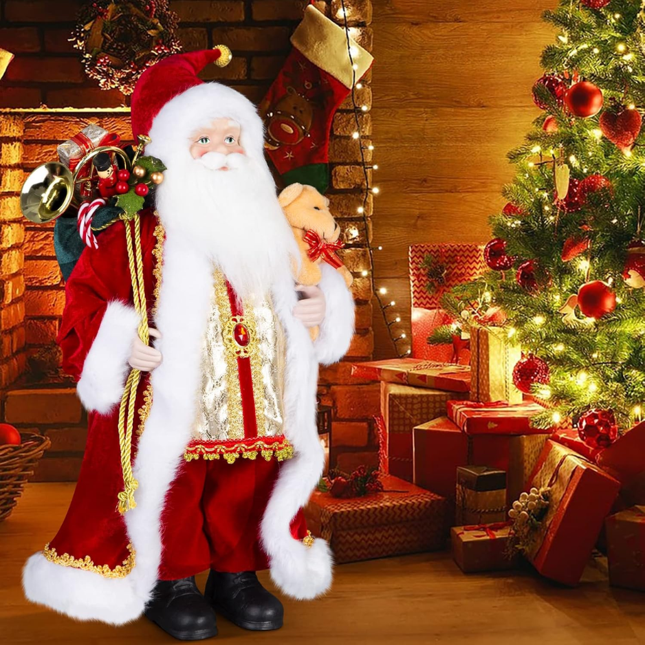 Santa Claus Decorations, Christmas Standing Figurine Ornaments With Gifts Bag And Small Bear For New Year Christmas Decoration - RED