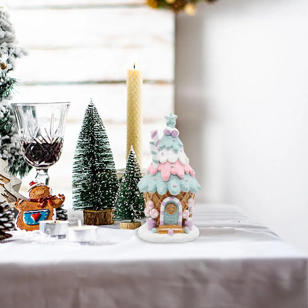 Gingerbread House Decorations, Pastel Pink Gingerbread Christmas Decor, Christmas Resin Ginger Bread Treehouse Decorations Indoor, Xmas Tabletop Village Houses Decor - PinkBlue