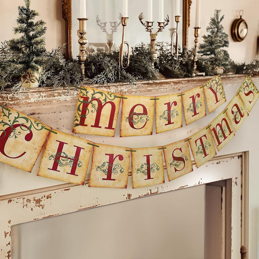 Christmas Decorations, Vintage Merry Christmas Banner, Rustic Holiday Hanging Decor For Home, Living Room, Fireplace, Wall & Party - MULTI