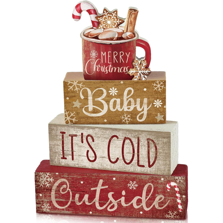 4 Pcs Christmas Table Decorations Indoor, Hot Cocoa Wood Block Sign - MULTICOLOR