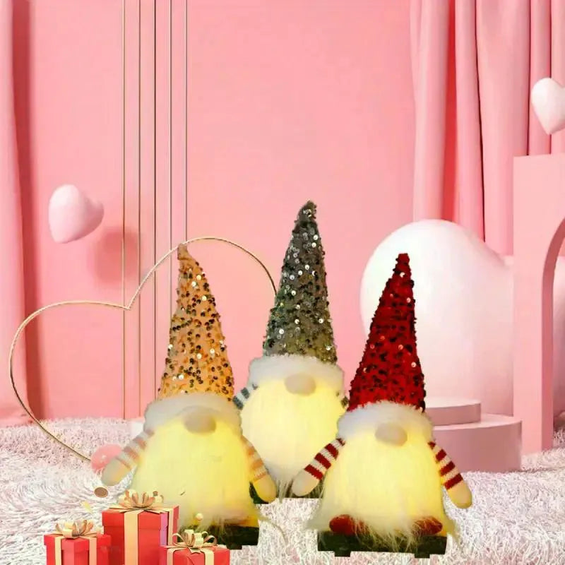 3PCS Gnome Christmas Decorations -12 Inch Light Up Christmas Gnomes Plush Doll Ornaments Glitter Sequins Swedish Hat Leprechaun Dwarf Gift Home Table Decor - red