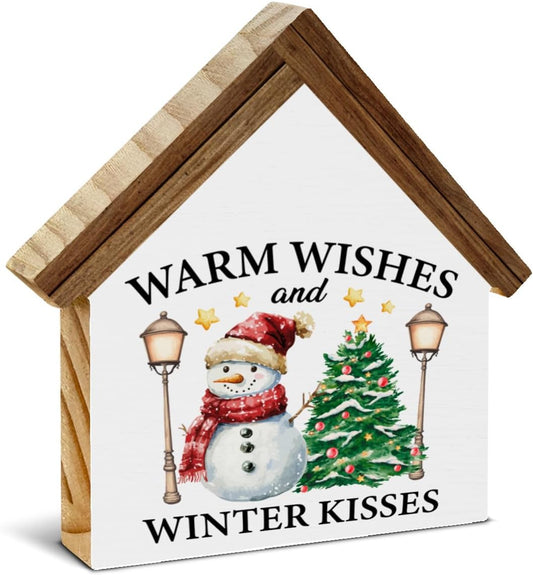 Winter Christmas Home Decor, Snowman Warm Wishes Winter Kisses House Shaped Wood Block Sign Xmas Holiday Decorations For Desk Table Shelf - MULTI