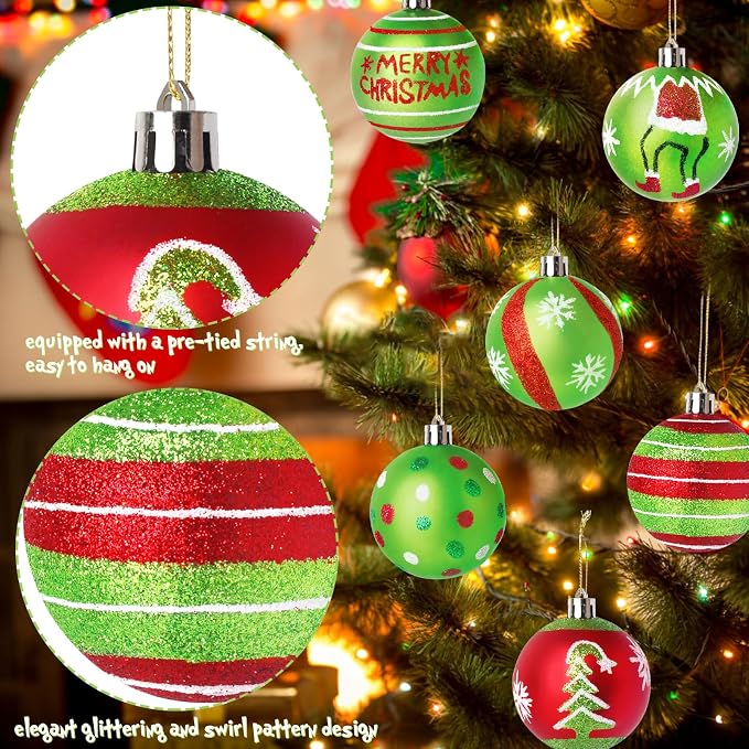 12 Pcs 2.4 Inch Red And Green Christmas Ball Ornaments, Hanging Tree Decorations For Holiday Home And Party Decor - Green